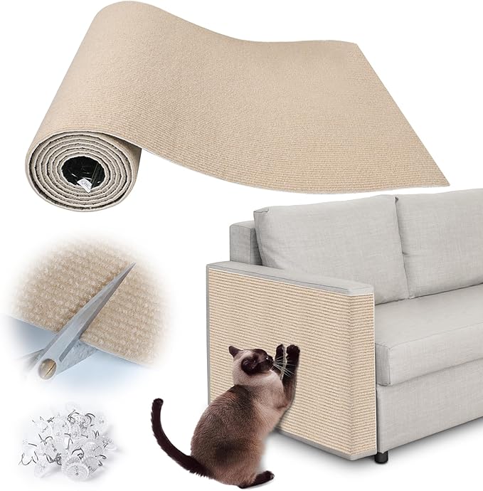 Cat Scratch Furniture Protector - 78.7" x 13.8" Trimmable Self-Adhesive Cats Claws Scratch Pads, DIY Cat Climbing Couch Protector for Scratch Post Cat Tree Replacement Indoor (Khaki)