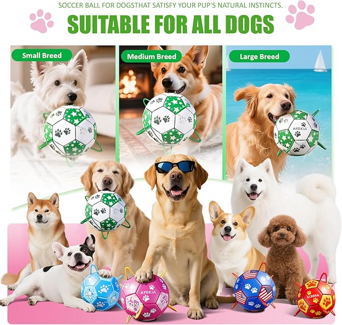 Size 2 Dog Soccer Ball with Straps White & Green Durable Training Ball for Pets Interactive Outdoor Dog Toy, for Small & Medium Puppies, Pet Supplies