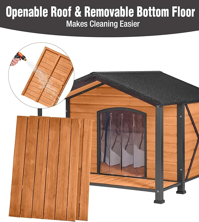 Extra Large Dog House Outdoor with Porch, Weatherproof Wooden Dog Kennel with Asphalt Roof & Full Iron Frame for Large Dogs