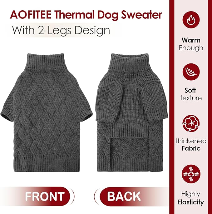 AOFITEE Small Dog Sweater, Dog Sweaters for Small Dogs Male, Thick Dogs Winter Sweatshirt Girl Boy, Pet Halloween Sweater, Classic Cable Turtleneck Holiday Knitwear for Pug Dachshund (Grey, S)