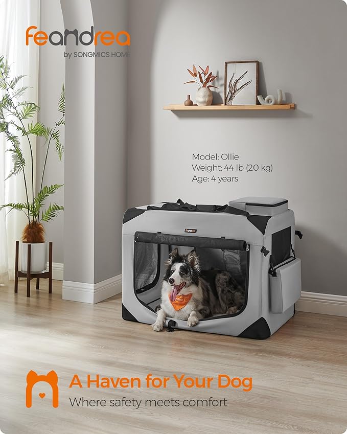 Feandrea 36 Inches Collapsible Soft Dog Crate, Portable Travel Dog Crate for Indoor and Outdoor Use, Dog Carrier Kennel with Safety Zippers, for Living Room, Car, Travelling, Smoke Gray UPDC090G02