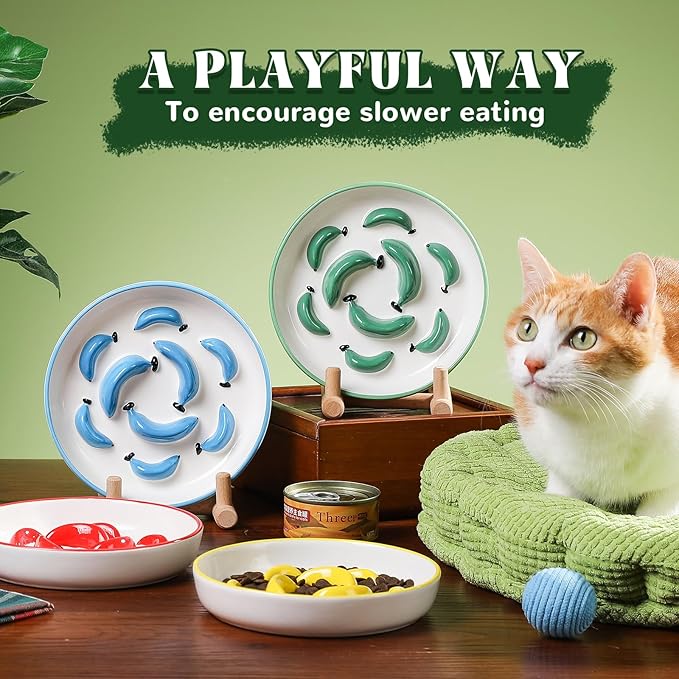 Ceramic Cat Slow Feeder Bowl - Vibrant Cat Feeding Bowl - Cute Maze Food Dish for Slow Eating - Dishwasher Safe - 6.3''W x 1.2''H - 7 OZ - Blue