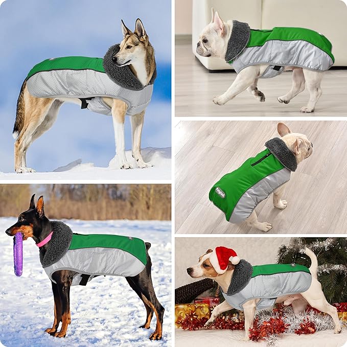 Dog Coat, Waterproof Ripstop Dog Winter Jacket with Leash Hole, Reflective Adjustable Warm Pet Fleece Snow Sweater for Small Medium Large Dogs - Green, 3XL