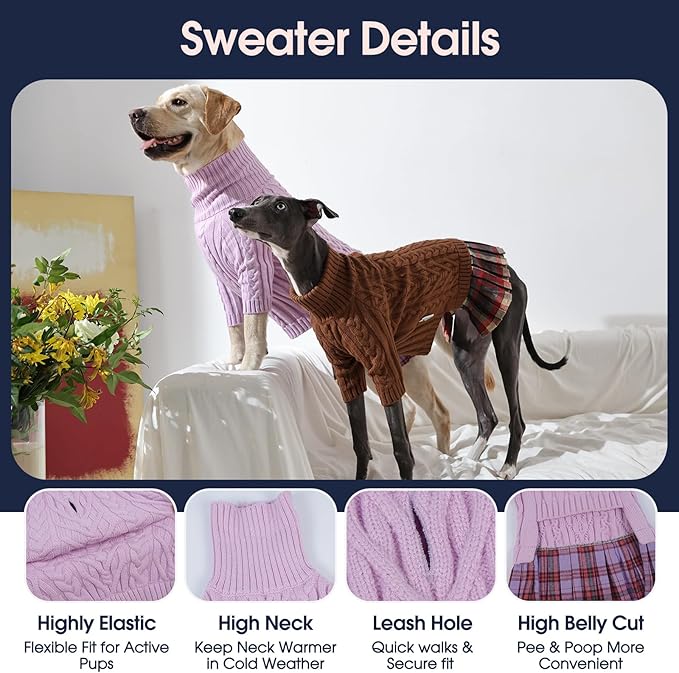 IECOii Girl Dog Sweater Dress - Cable Knit Dog Sweater for Medium Dogs Girl, Purple,Large - Turtleneck Winter Sweaters with Leash Hole, Soft & Stretchy Adorable Dress for Thanksgiving Christmas Photo