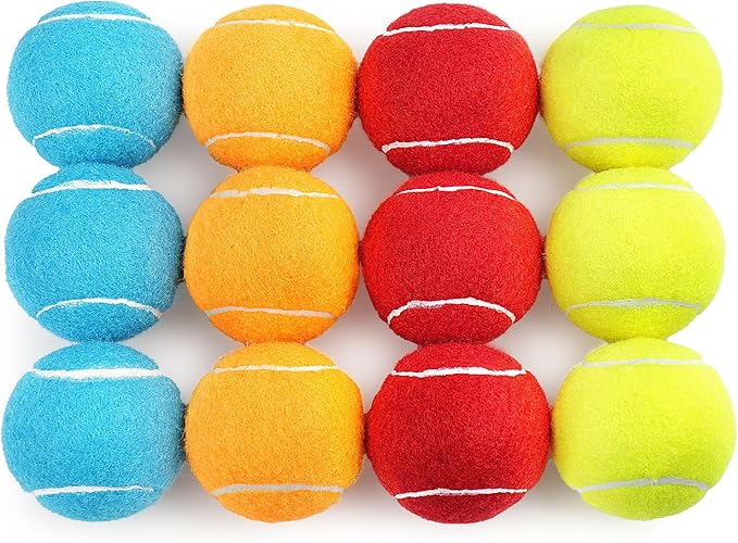 PrimePets Dog Squeaky Toys Bulk 12 Pack, 2.5 Inch Tennis Balls, Small Rubber Toy for Dogs, 4 Assorted Colors - Durable Puppy Toys for Indoor Outdoor Play, Small & Medium Dog Supplies