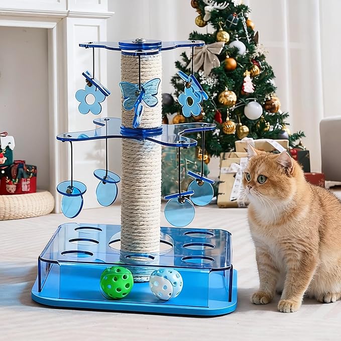 Modern 3-in-1 Interactive Cat Toy with Scratching Post, Cat Puzzle Toys for Indoor Cats with Colorful Jingle Balls, 2-Layer Spinning Teaser Disc with Dangling Toys, Acrylic, Blue