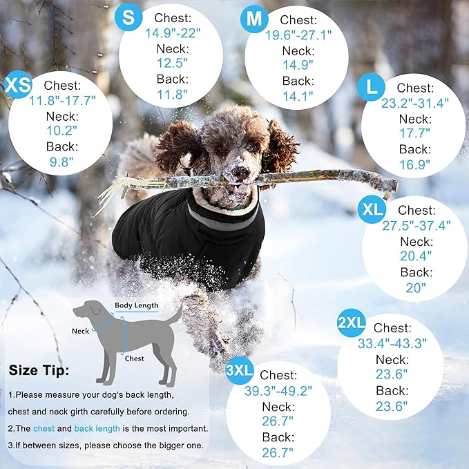 Dogcheer Dog Coat, Waterproof Dog Jacket with Harness, Reflective Adjustable Winter Coat with Zipper, Christmas Pet Snow Jacket Clothes for Small Medium Large Dogs - Black 3XL