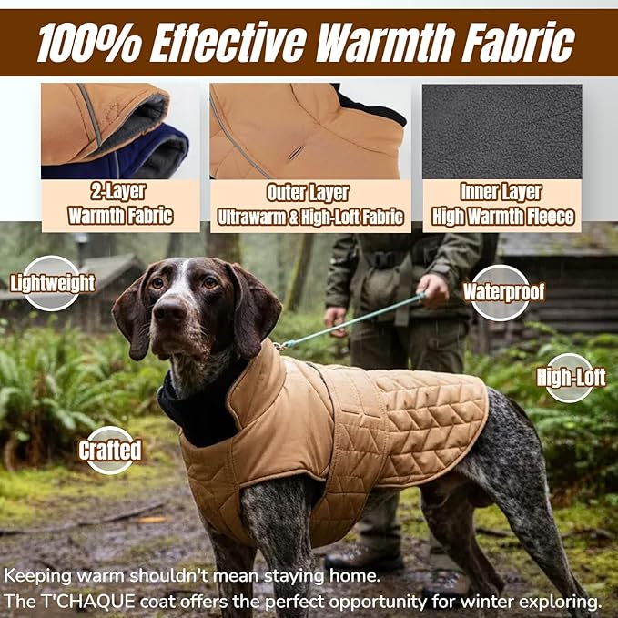 Upgraded Classic Quilted High-Loft Dog Winter Coat, Waterproof Outdoor Coats for Small Dogs, Lightweight & Thick Puppy Jacket with Leash Hole, 2-Layer Pet Vest Jackets for Dachshund Boston(Khaki, S)