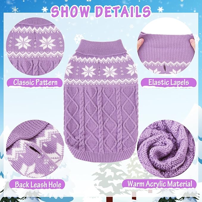 Warm Winter Dog Sweater - Cold Weather Pet Clothes for Small Medium Large Dogs Indoor Outdoor, Soft Classic Knit Puppy Apparel, Purple, M