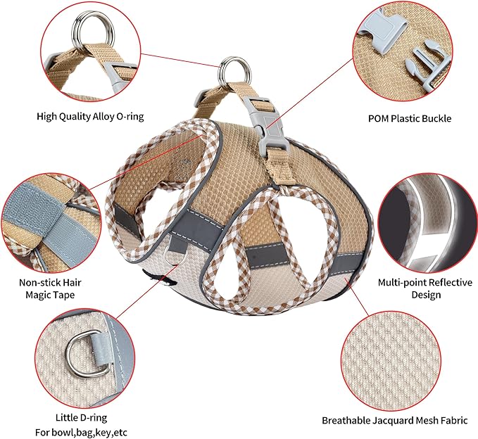 AIITLE Dog Harness and Leash Set - Ultra-Comfortable XXS-XL Vest with Strong Magic Tape & Glow-in-Dark Reflective Strips, Chafe-Free for Teddy, Schnauzer (Brown-Beige, M)