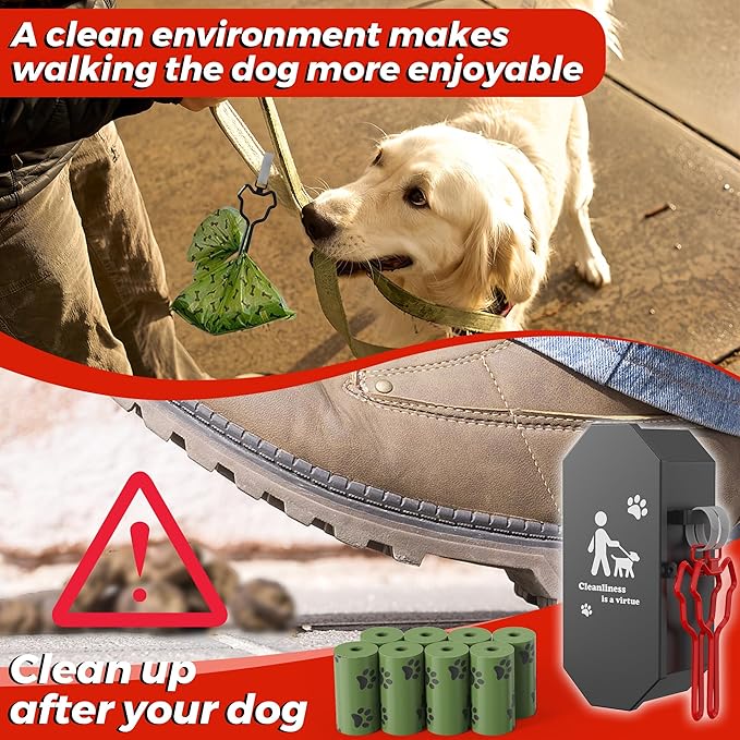 Dog Poop Bag Dispenser Wall Mount with 2Pcs Holders and 8 Rolls of Waste Bag, Metal, Corrosion-resistant, Combination Lock, Dark Gray, Suitable for Outdoor, Indoor, Raising Dogs