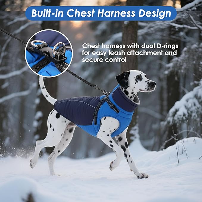 ASENKU Reflective Dog Coat with Built-in Harness, Windproof Fleece-Lined Dog Jacket for Small, Medium, Large Dogs, Warm Winter Vest with Turtleneck & Zipper (Navyblue 3XL)
