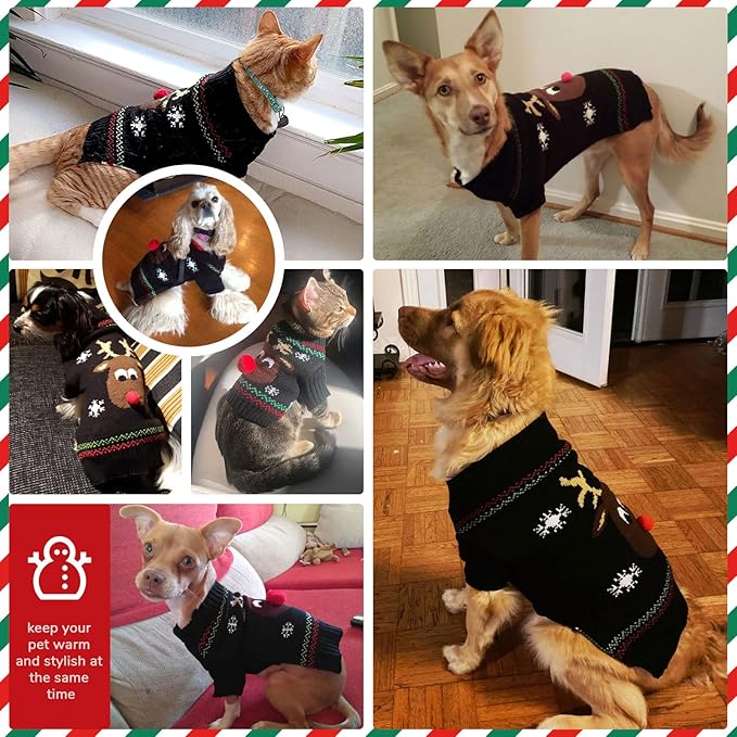 PETCARE Dog Christmas Sweater Black Ugly Funny Cute Cartoon Reindeer Cat Sweaters Jumper Holiday Dog Clothes Puppy Sweaters for Small Medium Large Dogs Fall Winter Outfits Xmas Dogs Costume,X-Large