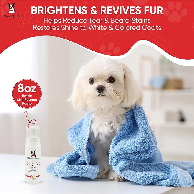 Warren London Foaming Pet Facial | Tear Free Dog Face Wash | Tearless Dog Shampoo for Faces & Dog Eye Stain Remover | Refreshing Cucumber Melon Wash | Made in USA | 8oz