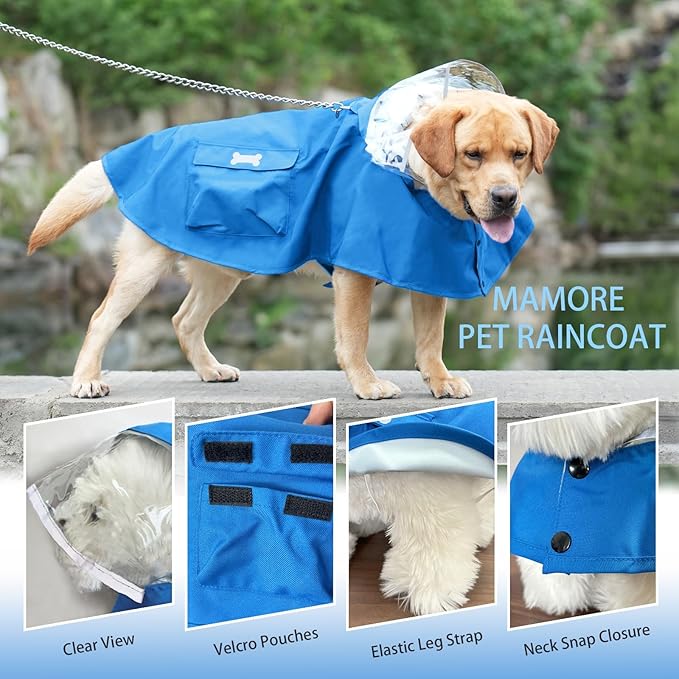 Dog Raincoat Waterproof, Adjustable Reflective Hooded Dog Rain Poncho with Leash Hole for Small Medium Large Dogs (Blue, X-Large)
