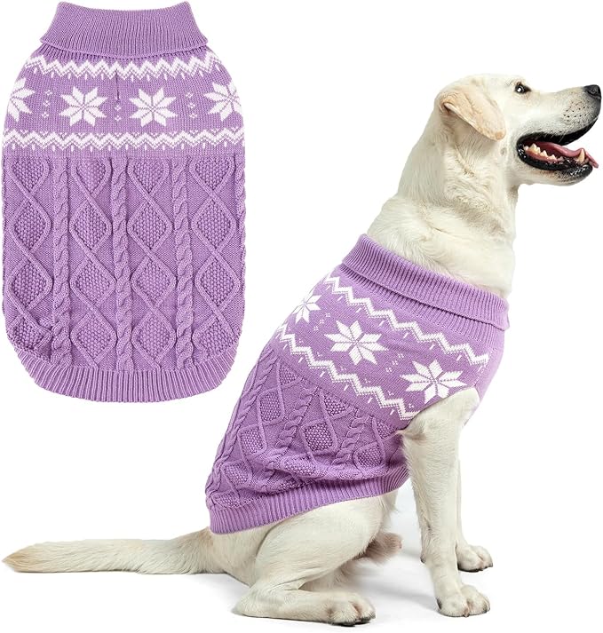 Warm Winter Pink Dog Sweater - Cold Weather Pet Clothes for Small Medium Large Dogs Indoor Outdoor, Soft Classic Knit Puppy Apparel Coat, Purple, XL