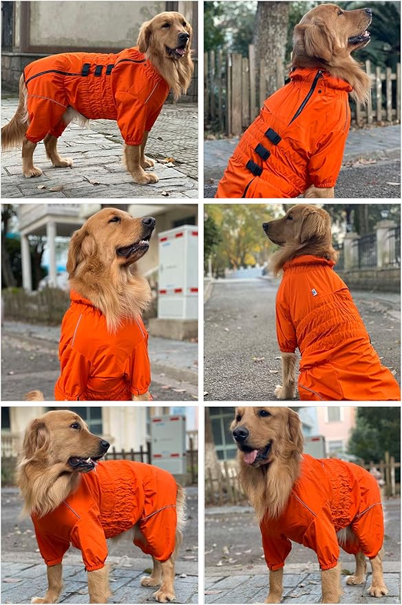 Dogs Waterproof Jacket, Lightweight Waterproof Jacket Reflective Safety Dog Raincoat Windproof Snow-Proof Dog Vest for Small Medium Large Dogs Orange XXXL