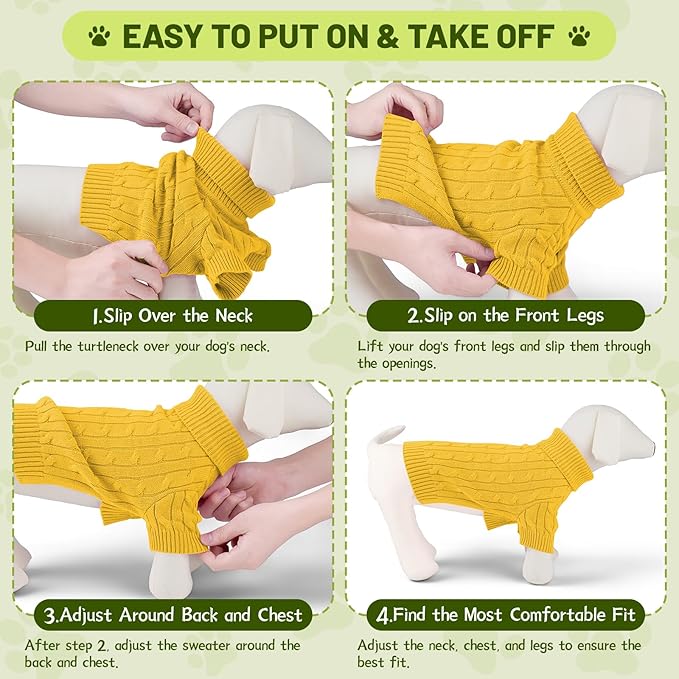 Small Dog Thermal Pullover Sweater, Classic Turtleneck Cable Knitwear Dog Clothes for Cold Weather Warm Pet Clothes for Chihuahua, Bulldog, Dachshund, Pug Yellow Large