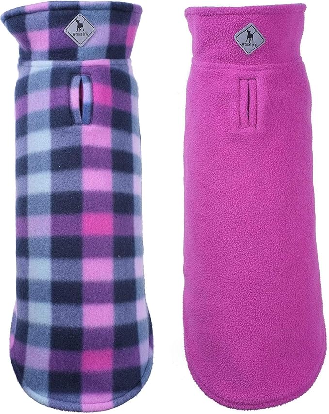 The Worthy Dog Fargo Fleece Check Dog Jacket, Adjustable Reversible With Harness Hole, Wind-Resistant, Winter Outdoor Clothes For Pets, Purple - 30''