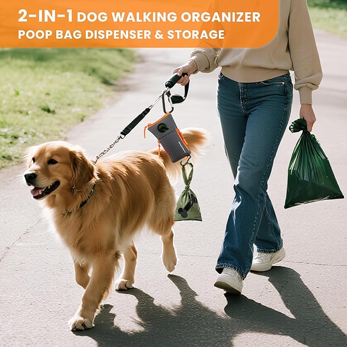 Dog Poop Bag Holder for Leash with 2 Waterproof Storage Pouches, Carabiner Clip, Zipper Soft Doggy Pouch for Pet Waste Bags, Dog Walking, Training, Travel (Grey)