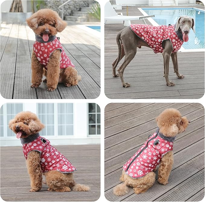 Warm Fleece Dog Coats with Durable Harness Buitl in D-Ring,Waterproof Doggie Jacket for Large Dogs,Dog Vest for Cold Winter,Red,Snow Pattern XXL