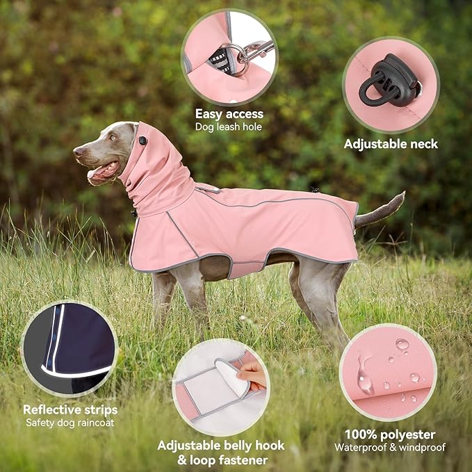 Reflective Dog Raincoat, Windproof & Waterproof Dog Rain Jacket, Adjustable Hooded Pet Poncho with Leash Hole for Small, Medium, Large Dogs(S-2XL) (Pink, Medium)
