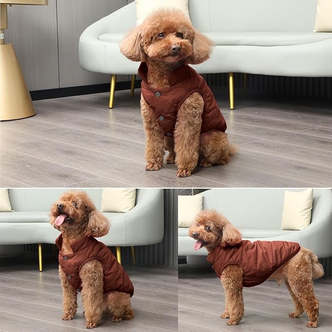 2 Layers Fleece Lined Warm Dog Jacket for Puppy Winter Cold Weather,Soft Windproof Small Dog Coat,Brown XS