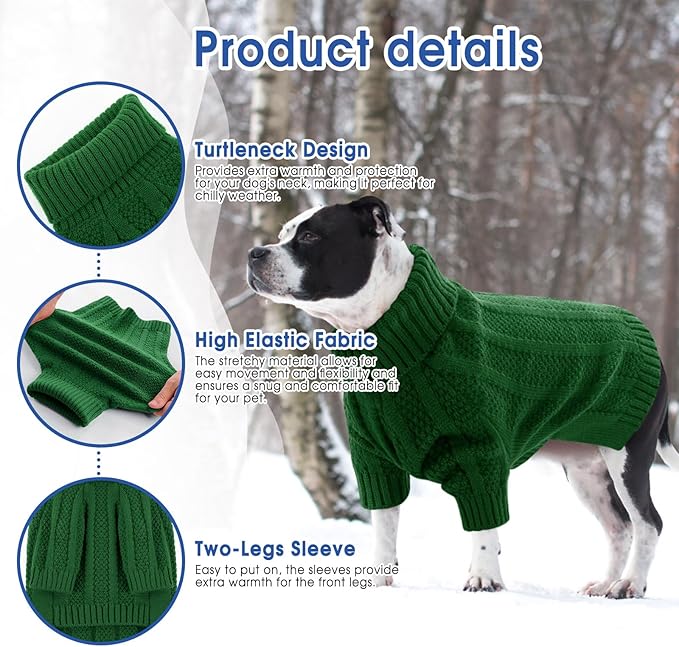 Queenmore XXL Dog Sweater,Large Dog Sweaters for Dogs Girls Boys,Xmas Turtleneck Pullover Pet Sweaters for Large Dogs,Cold Weather Doggie Sweatshirt Knitwear for Golden Retriever,Labrador(Green,XXL)