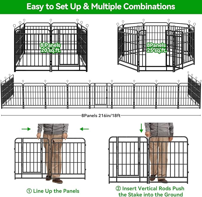 Square Steel Pipe Dog Fence Outdoor 8 Piece Panels 47" Height Anti-Rust Heavy Duty Dog Playpen with Doors Portable for Yard RV Camping, Total 18FT, 25 Sq.ft, Snowy Black