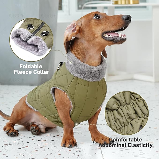 Warm Fleece Dog Coats with Durable Harness Buitl in D-Ring,Waterproof Doggie Jacket for Medium Dogs,Dog Vest for Cold Winter,Green L
