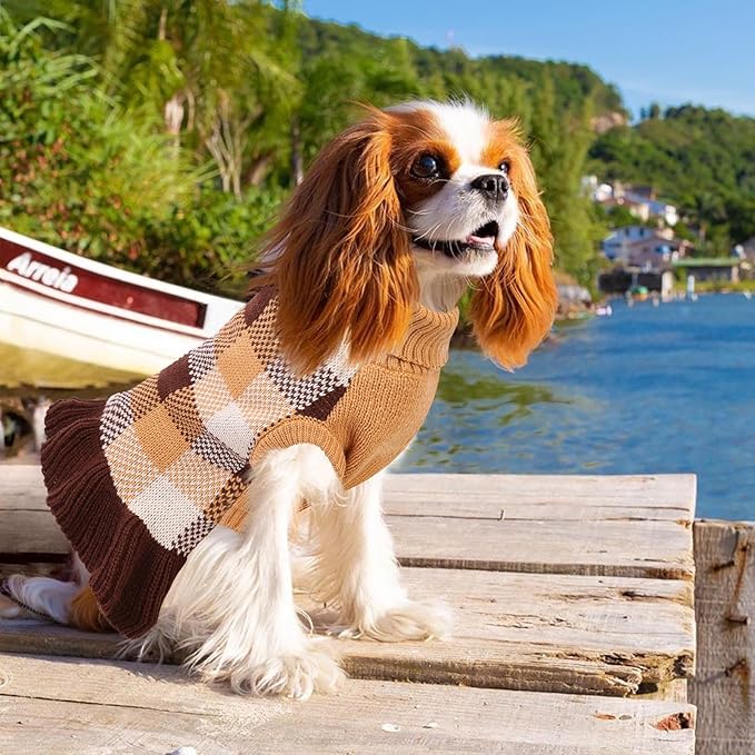 Dog Sweater Dress Plaid Knitwear for Small Medium Dogs Warm Puppy Pet Turtleneck Stretch Pullover Cute Fall Winter Vest Clothes with Leash Hole for Christmas (Coffee, M)