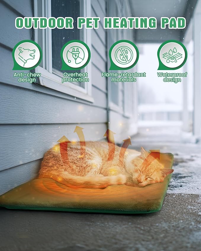 PETNF Outdoor Pet Heating Pad for Cats & Dogs, 100.4-107.6°F Auto Temp Control, Waterproof Fireproof, for Cat House/Dog Kennel/Terrace, Fits Domestic & Stray Pets (Green 23.6"X35.4")