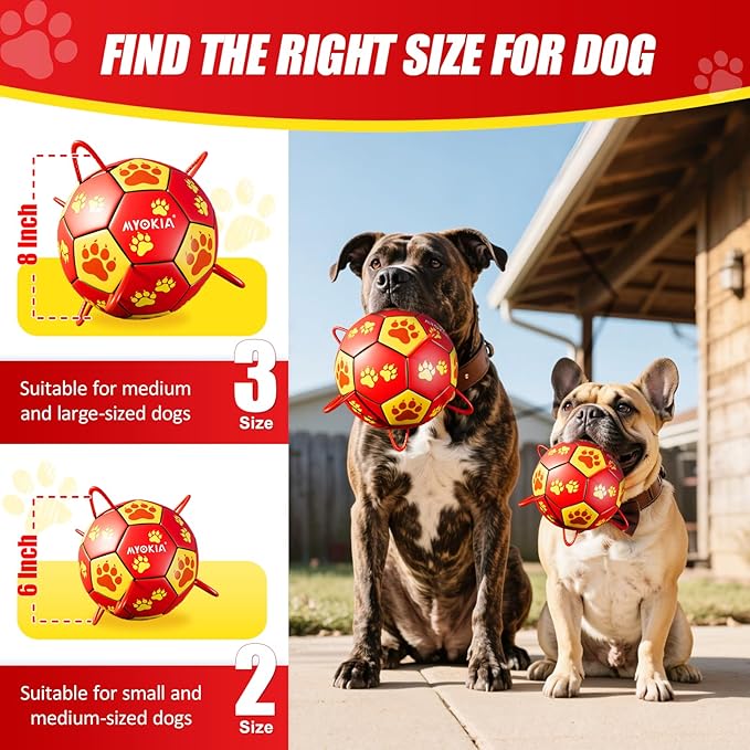 Size 3 Interactive Dog Soccer Ball with Strap, Red & Yellow, Eye-Catching Paw Prints Design, Ideal Outdoor Training Pet Toy, Perfect Choice for Medium & Large Dogs' Playtime