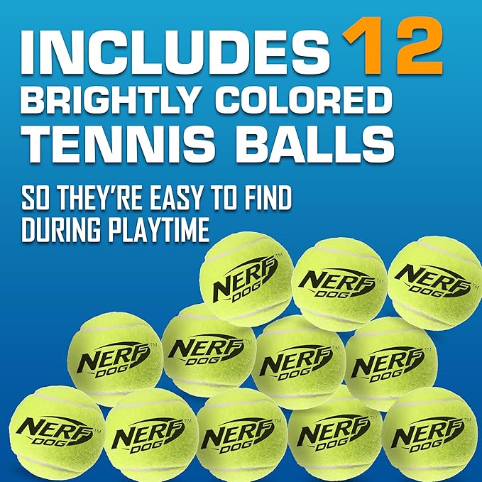 Nerf Dog Tennis Ball Blaster Dog Toy Gift Set, Launches up to 75 ft, for All Breeds Includes Orange Ball Launcher and 12 Dog Tennis Balls