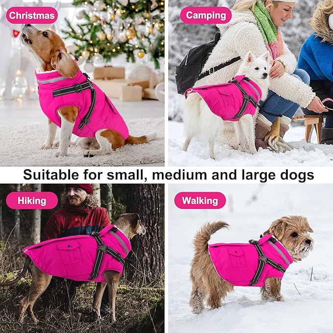 Dogcheer Dog Coat with Harness, Waterproof Warm Dog Winter Jacket with Pockets, Reflective Pet Fleece Jacket Turtleneck Snowsuit for Small Medium Large Dogs - Pink, 2XL