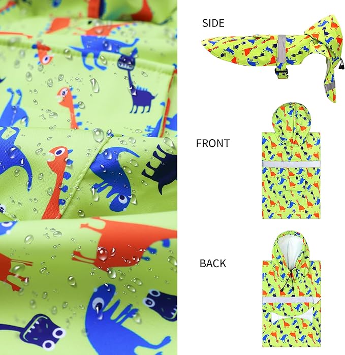 NACOCO Large Dog Raincoat Adjustable - Pet Dinosaurs Water Proof Clothes Lightweight Rain Jacket Poncho Hoodies with Strip Reflective Green (L, Green Dinosaur)