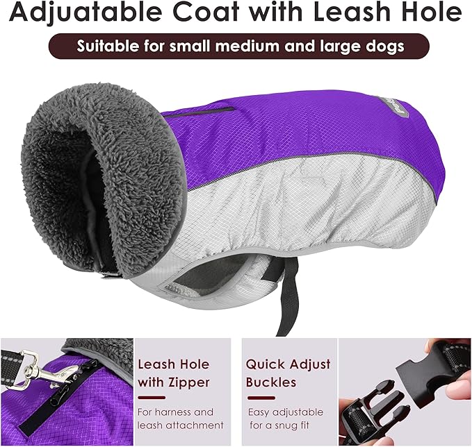 Dog Coat, Waterproof Ripstop Dog Winter Jacket with Leash Hole, Reflective Adjustable Warm Pet Fleece Snow Sweater for Small Medium Large Dogs - Purple, S