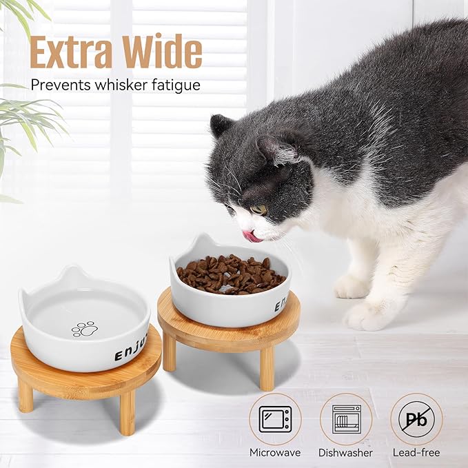 3PCS Elevated Cat Bowls,Wide Raised Ceramic Pet Dishes with Bamboo Stand, Whisker Friendly Pet Water or Food Plates Feeding Station for Indoor Small Dogs, Kitten (White(3PCS))