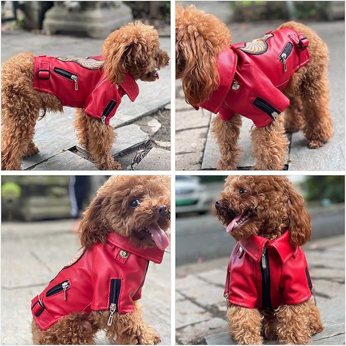 Lovelonglong Cool Dog Leather Jacket, Warm Coats Dogs Windproof Cold Weather Coats for Large Medium Small Dogs with Eagle Embroidery Red M