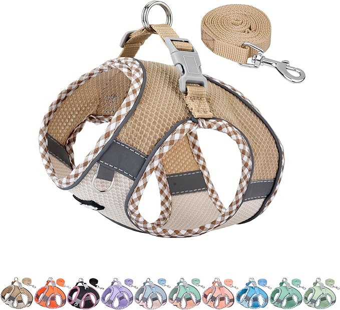 AIITLE Small Dog Harness - Breathable Double-Layer Jacquard No-Choke Vest, Durable Anti-Tear Fabric with Reflective Trim - Perfect for Running, Parties, Daily Walks (Brown-Beige, XS)