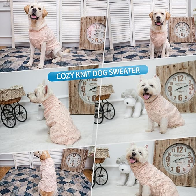 Mihachi Turtleneck Dog Sweater - Winter Coat Apparel Classic Cable Knit Clothes with Leash Hole for Cold Weather, Ideal Gift for Pet in New Year Rosy Small