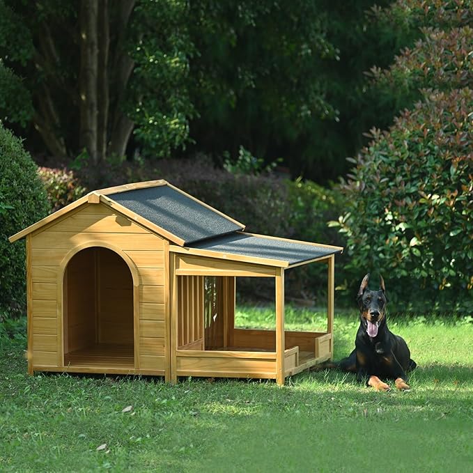 Merax 60.2" Wooden Dog House Outdoor, Extra Large Breed Outside Kennel with Weatherproof, Asphalt Roof, Elevated Floor, Fencing and Porch, for Medium & Large Dogs