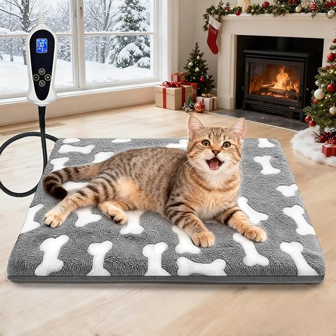 Bestio Cat Heating Pad 18×18 in Pet Heating Pad, Smart Thermostat Switch Adjustable from 1-24 Hours Normally Open Function,Gifted Soft Plush Cotton Cover - Gray