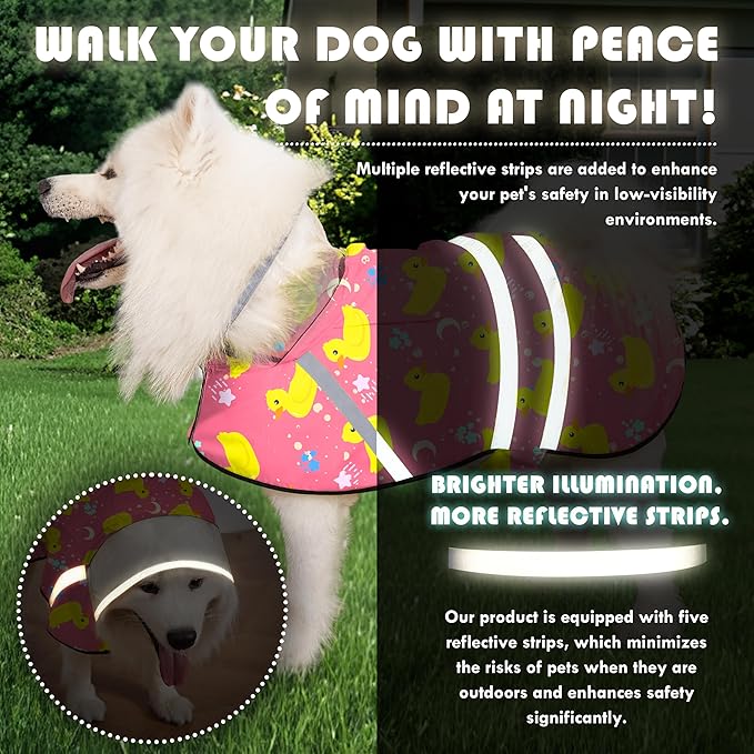 Dog Raincoat, Adjustable Rain Jacket with Hooded Double Layer for Large Medium Small Dogs Puppies, Lightweight Waterproof Rain Coat Poncho with Reflective Stripe Duck Pink,M