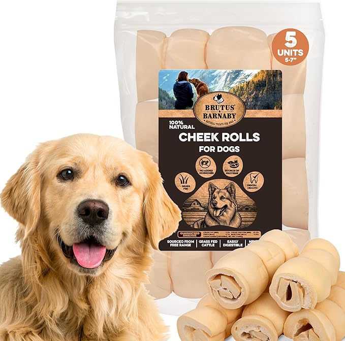 Premium Beef Cheek Rolls for Dogs 5-7" - (5-Pack) Long Lasting, Safe & Natural Rawhide Alternative Chews, Ideal for Large Dogs & Aggressive Chewers, Supports Dental Health & Digestion