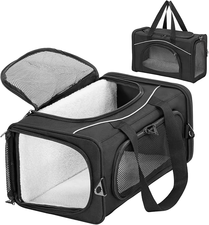 Petsfit Airline Approved Pet Carrier for Small Cats, 15x8x10 TSA Approved Carrier, with Removable Dual-Sided Padding (2-Way Placement) - Fits Under Most Airplane Seats, Escape Proof (Black)