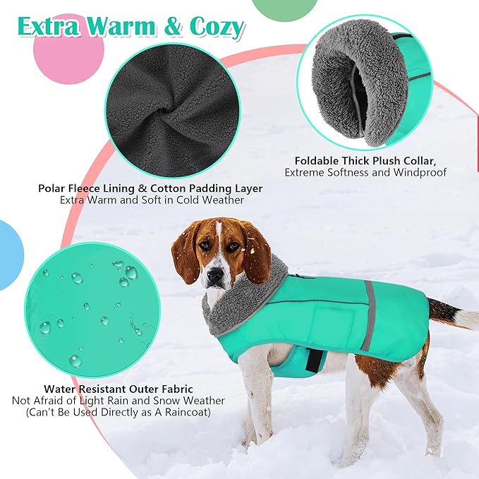 Dogcheer Warm Dog Coat, Waterproof Dog Jacket Christmas Puppy Winter Coat with Buckle, Reflective Adjustable Pet Snow Jacket Turtleneck Fleece Sweater for Small Medium Large Dogs - Pine Green, XL