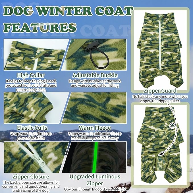 ROZKITCH Small Dog Camo Coat, Pet Windproof Warm Cold Weather Jacket Vest with Luminous Zipper, Jumpsuit Apparel Outfit Clothes for Small Medium Large Dog Camo S