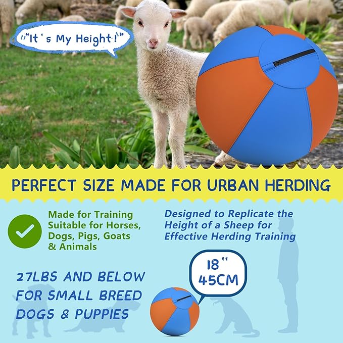Herding Ball for Dogs - 18" Medium Herding Ball with Anti-Burst Cover and Pump, Outdoor Dog Exercise Toy for Australian Shepherd, German Shepherd, Collie (Blue & Orange)