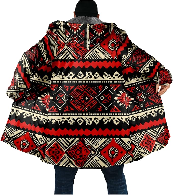 Mens Aztec Print Hoodie Heavyweight Cotton Fleece Jacket Zip Up Warm Long Sleeve Hooded Winter Midi Coat